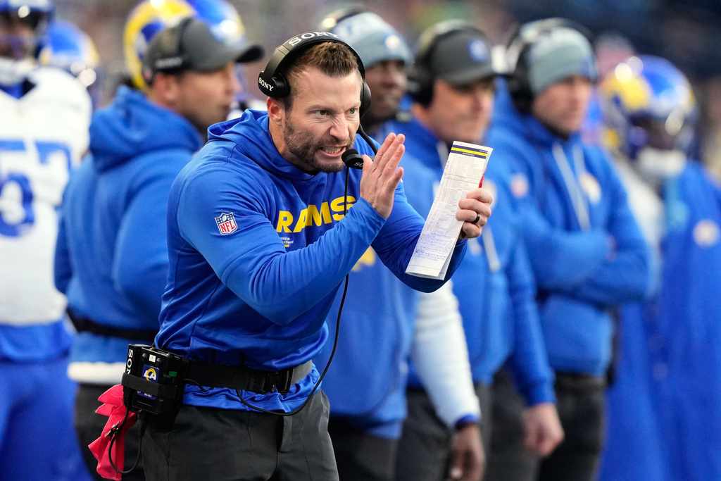 Los Angeles Rams head coach Sean McVay reacts on the sideline during the first half of the NFC Championship NFL football game against the Seattle Seahawks, Sunday, Jan. 25, 2026, in Seattle. (AP Photo/Stephen Brashear)