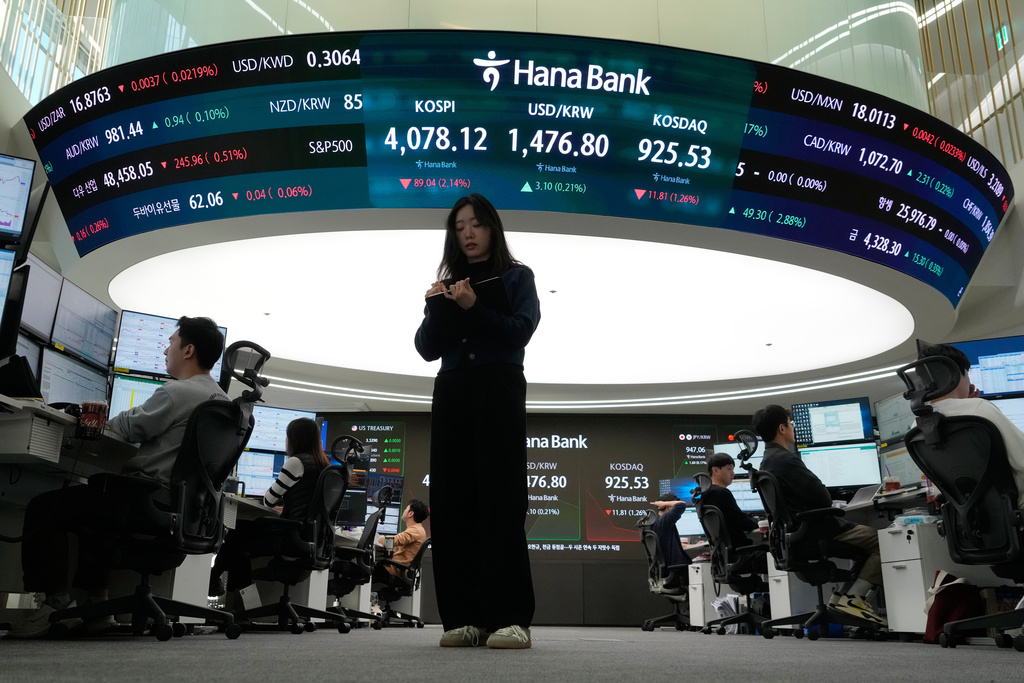A currency trader works near a screen showing the Korea Composite Stock Price Index (KOSPI), top center left, and the foreign exchange rate between U.S. dollar and South Korean won, top center, at the foreign exchange dealing room of the Hana Bank headquarters in Seoul, South Korea, Monday, Dec. 15, 2025. (AP Photo/Ahn Young-joon)