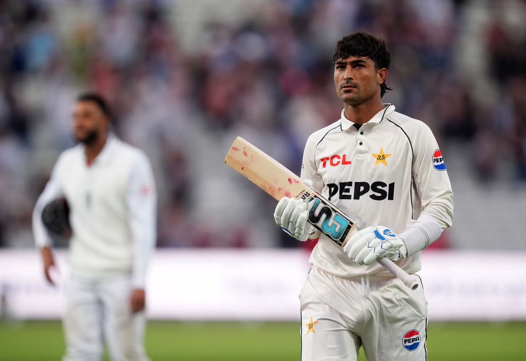 Pakistan's Razaullah walks after being stumped by England's Jordan Cox on day three of the third cricket Test between England and Pakistan in Birmingham, England, Friday, Sept. 11, 2026. (Mike Egerton/PA via AP)