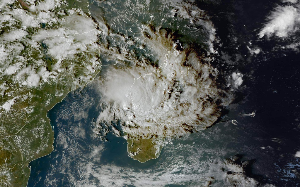 This EUMETSAT satellite video grab released on Wednesday, Feb. 11, 2026, shows Cyclone Gezani making landfall on east coast of Madagascar. (EUMETSAT via AP)