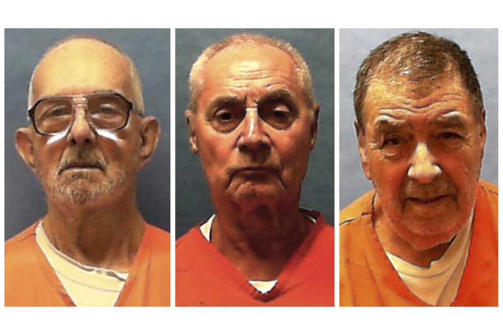 This combination of undated booking photos provided by the Florida Department of Corrections in July 2026 shows, from left, Dusty Ray Spencer, Dennis Sochor and Dominick Occhicone. (Florida Department of Corrections via AP)