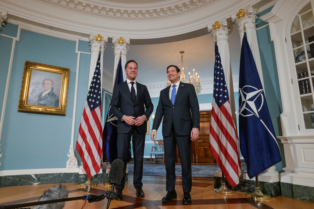 Secretary of State Marco Rubio, right, is joined by NATO Secretary General Mark Rutte, left, for a photo opportunity at the State Department, Wednesday, April 8, 2026, in Washington. (AP Photo/Rod Lamkey, Jr.)