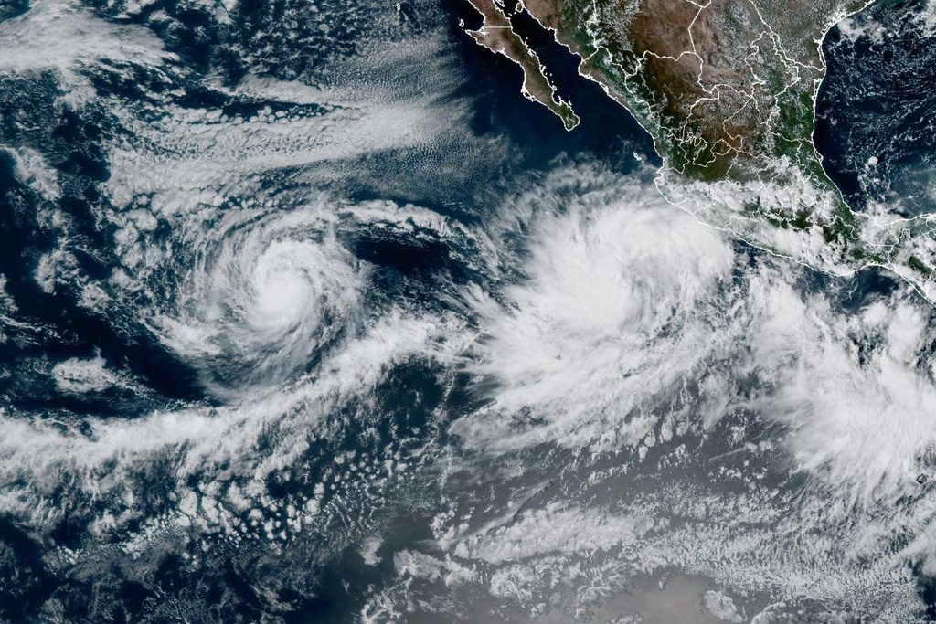 This NOAA satellite image taken at 5:20 p.m. EST on Saturday, Oct. 4, 2025, shows Tropical Storm Priscilla in the East Pacific Ocean off the coast of Mexico. (NOAA via AP)