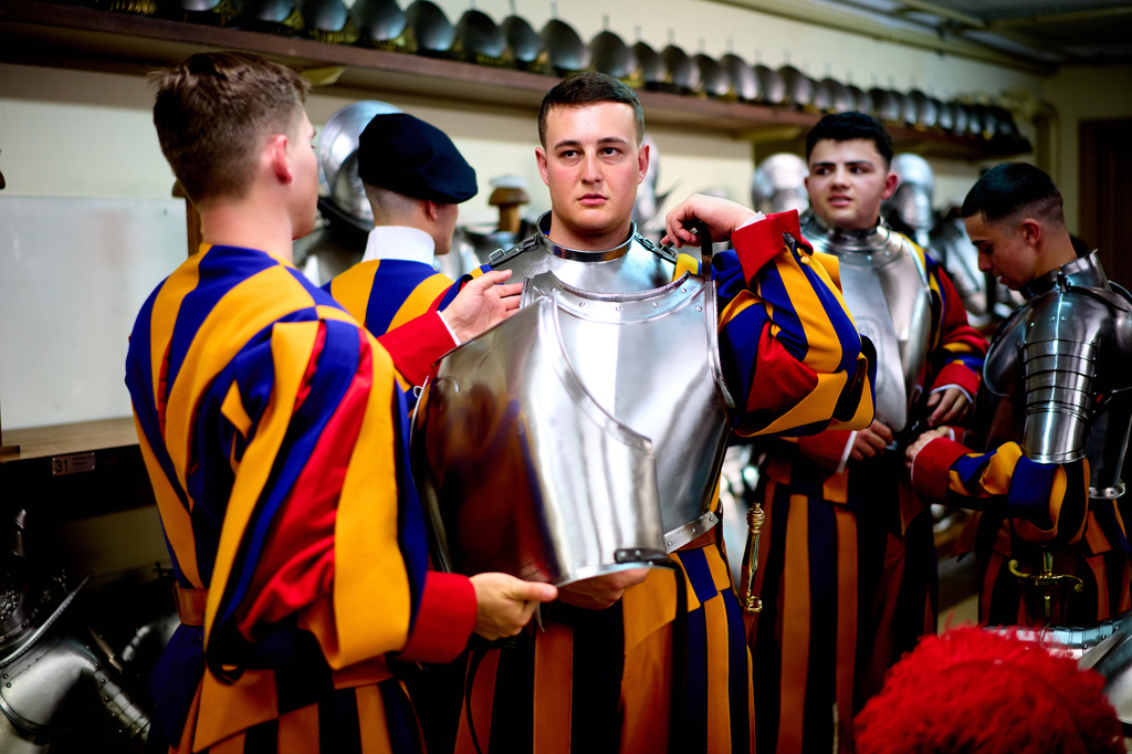 Pontifical Swiss Guards prepare ahead of their swearing in ceremony, at the Vatican, Wednesday, May 6, 2026. (AP Photo/Andrew Medichini)