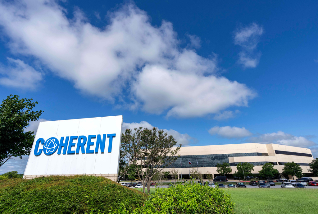 A Coherent manufacturing facility, where Nvidia chief executive officer Jensen Huang is scheduled to speak at a groundbreaking ceremony for an expansion project, is shown on Tuesday, June 16, 2026, in Sherman, Texas. (AP Photo/Jeffrey McWhorter)
