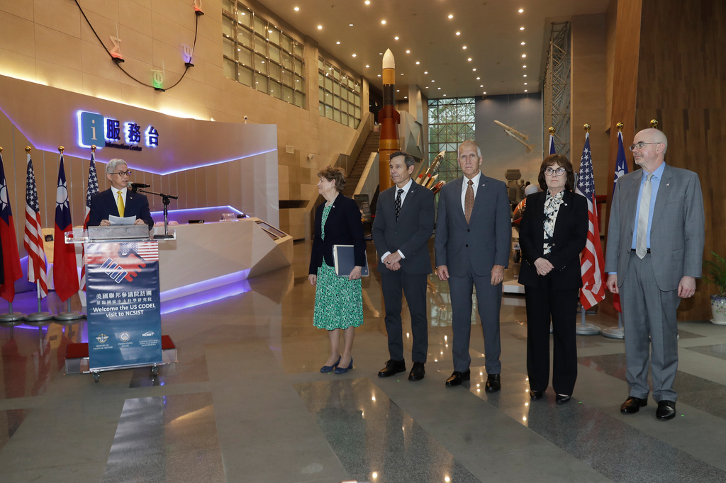 Vice Mister of Taiwan National Defense Ministry Hsu Szu-chien delivers a speech to welcome US Sen. Jeanne Shaheen, from left, John Curtis, Thom Tillis, Jacky Rosen and AIT (American Institute in Taiwan) Director Raymond Greene as they visiting the National Chung-Shan Institute of Science and Technology (NCSIST) in Taoyuan City, Northern Taiwan, Monday, March 30, 2026. (AP Photo/Chiang Ying-ying)