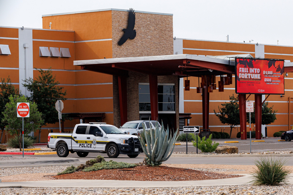 Security and police vehicles surround the entrance to Kickapoo Lucky Eagle Casino in Eagle Pass, Texas, Monday, Sept. 29, 2025, after a deadly shooting at the casino late Saturday night. (Sam Owens/The San Antonio Express-News via AP)