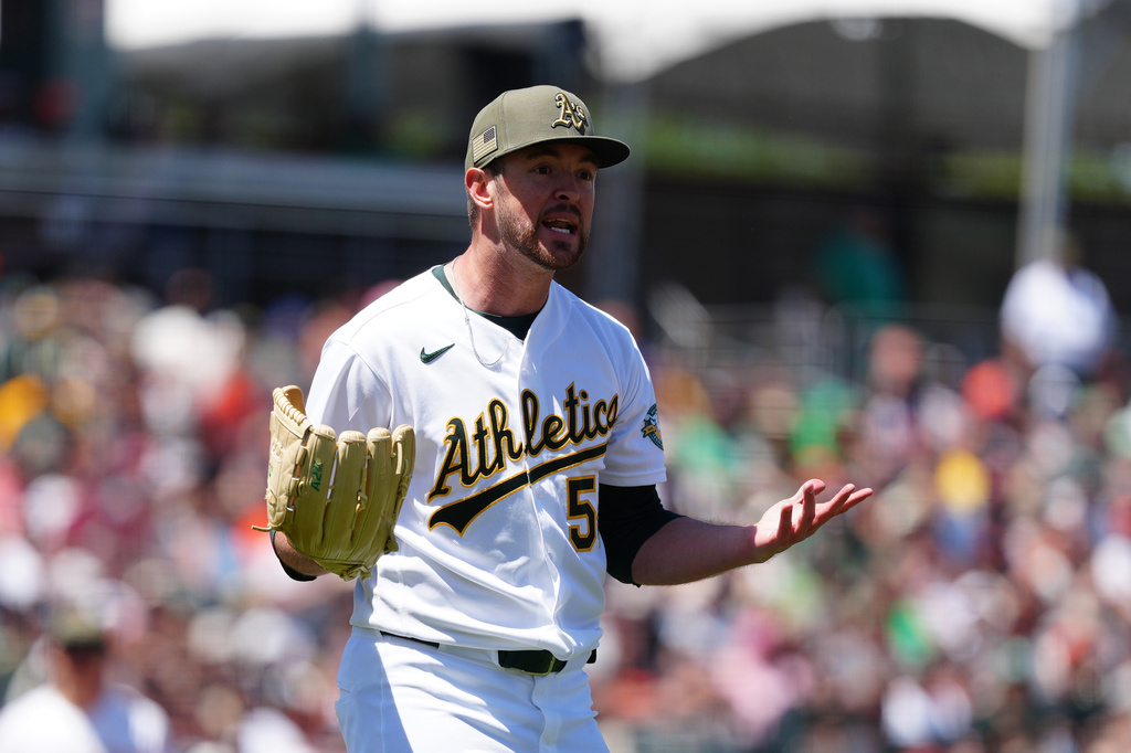 Athletics pitcher Jeffrey Springs reacts after a balk is called on him during the fourth inning of a baseball game against the San Francisco Giants Sunday, May 17, 2026, in West Sacramento, Calif. (AP Photo/Alan Greth)