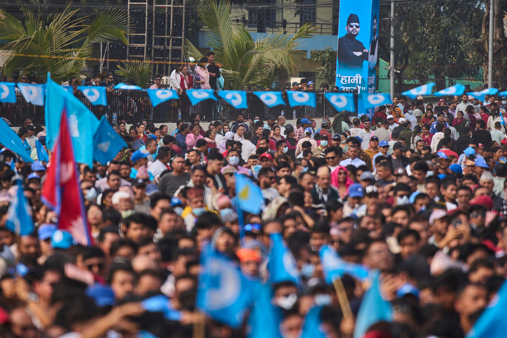 Supporters of the Rastriya Swatantra Party wait for the arrival of rapper-turned-politician Balendra Shah during an election campaign rally in Chitwan, approximately 180 kilometers (112 miles) west of Kathmandu, Nepal, Friday, Feb. 27, 2026. (AP Photo/Niranjan Shrestha)