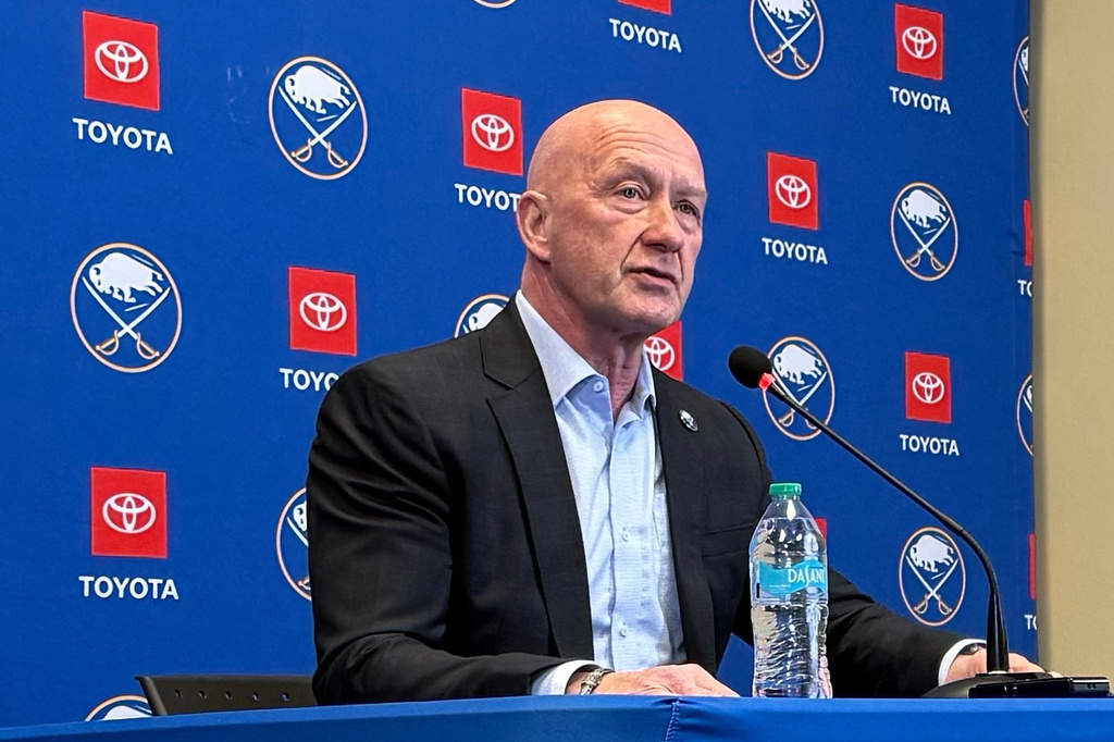 Buffalo Sabres new general manager Jarmo Kekalainen addresses the media during an NHL hockey news conference Tuesday, Dec. 16, 2025, in in Buffalo, N.Y. (AP Photo/John Wawrow)