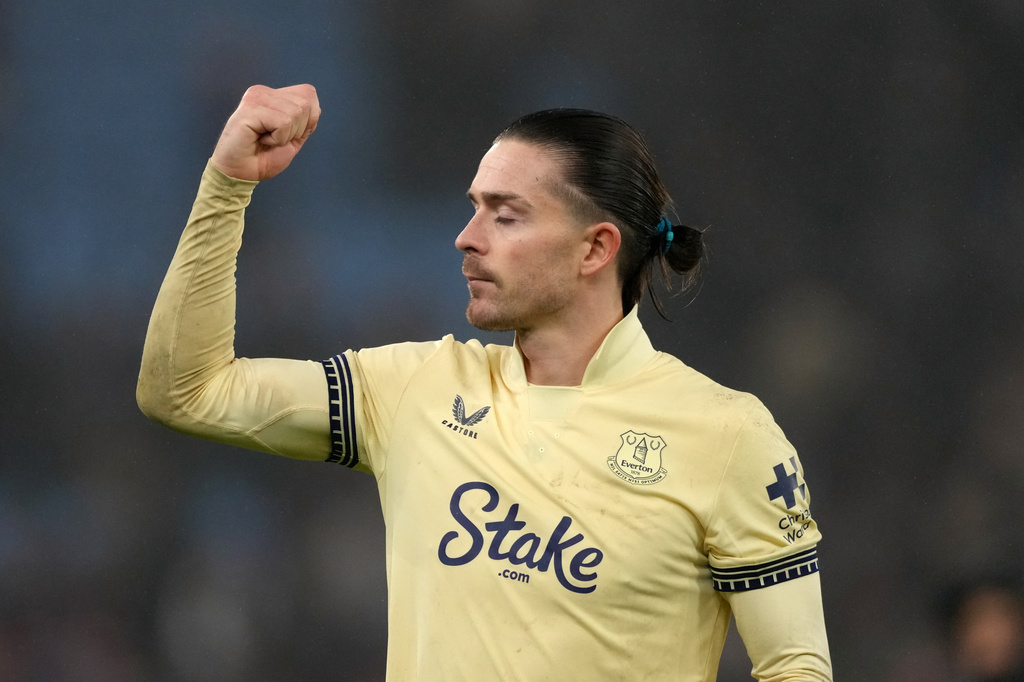 FILE - Everton's Jack Grealish celebrates after the English Premier League soccer match between Aston Villa and Everton in Birmingham, Sunday, Jan. 18, 2026.(AP Photo/Dave Shopland,File)