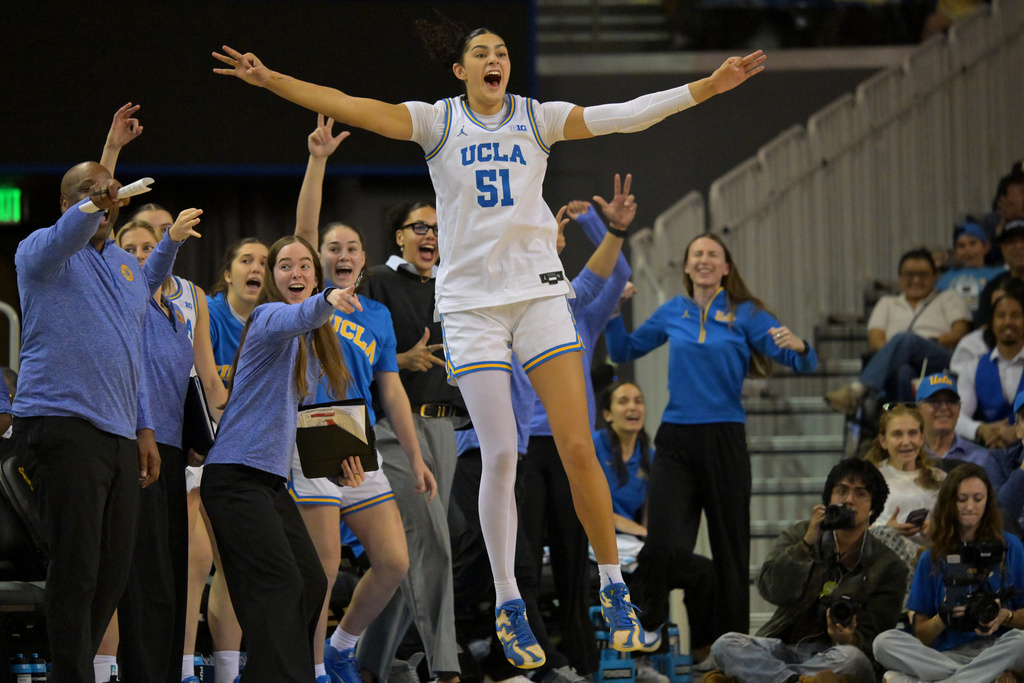 UCLA center Lauren Betts (51) reacts on the bench after a 3-point basket by her sister, UCLA forward Sienna Betts (not shown), during the second half of an NCAA college basketball game against Maryland, Sunday, Jan. 18, 2026, in Los Angeles. (AP Photo/Jayne Kamin-Oncea)
