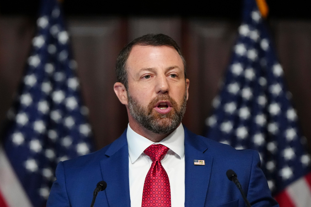 Homeland Security Secretary Markwayne Mullin speaks in the Indian Treaty Room at the Eisenhower Executive Office Building on the White House campus, Friday, July 17, 2026, in Washington. (AP Photo/Julia Demaree Nikhinson)