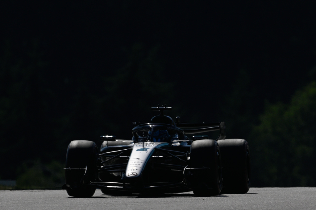 Mercedes driver George Russell of Britain steers his car during the qualifying session ahead of the Austrian F1 Grand Prix, in Spielberg, Austria, Saturday, June 27, 2026. (AP Photo/Denes Erdos)
