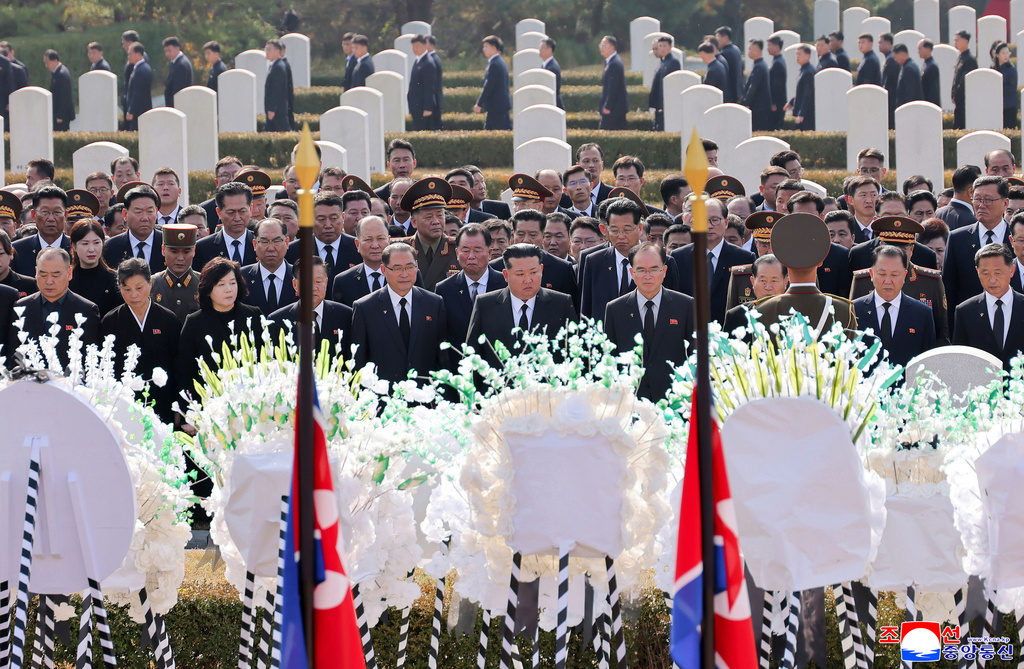 In this photo provided by North Korean government, North Korean leader Kim Jong Un, front center, attends a state funeral for the country’s longtime ceremonial head of state, Kim Yong Nam, in Pyongyang, North Korea Wednesday, Nov. 5, 2025. Independent journalists were not given access to cover the event depicted in this image distributed by the North Korean government. The content of this image is as provided and cannot be independently verified. Korean language watermark on image as provided by source reads: "KCNA" which is the abbreviation for Korean Central News Agency. (Korean Central News Agency/Korea News Service via AP)
