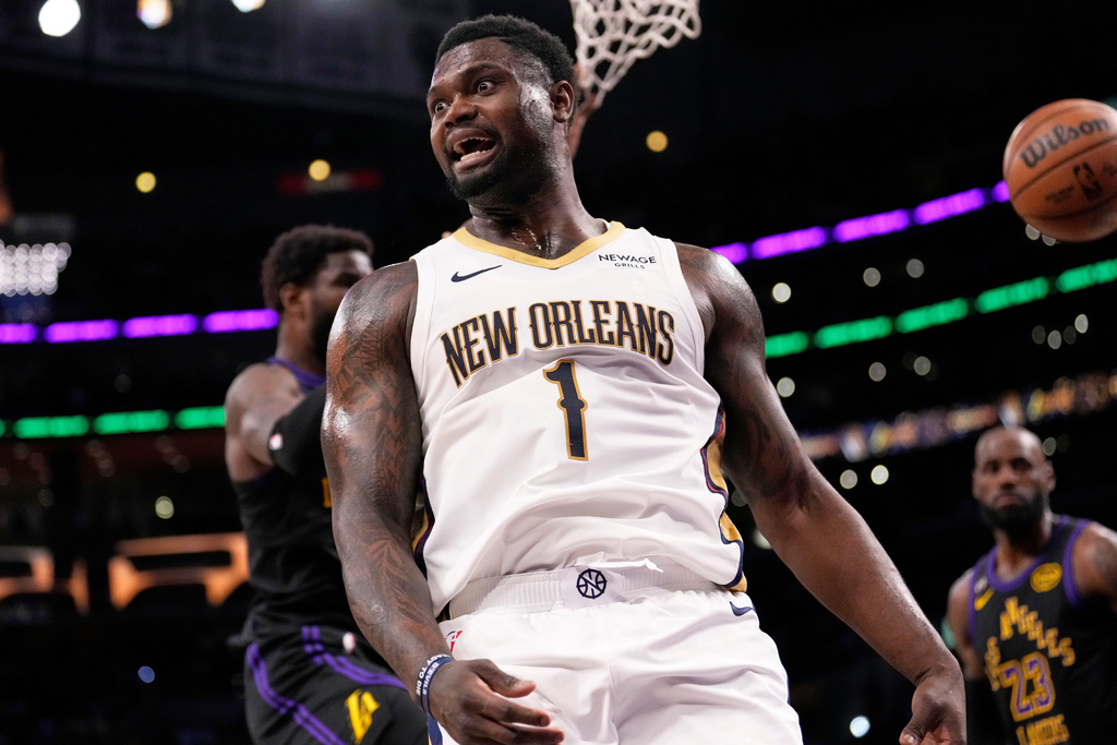 New Orleans Pelicans forward Zion Williamson reacts after scoring during the first half of an NBA basketball game against the Los Angeles Lakers, Tuesday, March 3, 2026, in Los Angeles. (AP Photo/Mark J. Terrill)