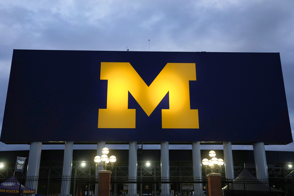 FILE - The block M logo for the University of Michigan is displayed at the school's NCAA college football stadium in Ann Arbor, Mich., Nov. 10, 2023. (AP Photo/Paul Sancya, File)