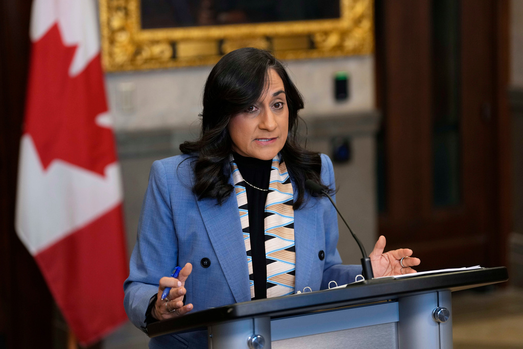 Canada Minister of Foreign Affairs Anita Anand speaks at a news conference regarding the security situation in Mexico, in the Foyer of the House of Commons on Parliament Hill in Ottawa, on Monday, Feb. 23, 2026. (Justin Tang/The Canadian Press via AP)