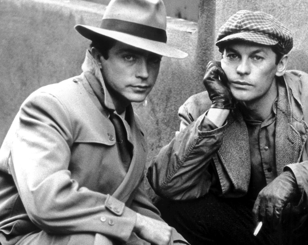 FILE - Actors Helmut Berger, right, and Udo Kier, photographed during the shooting of the Tessari film 'The Fifth Commandment', Dec. 1, 1977. (Horst Ossinger/dpa via AP, File)
