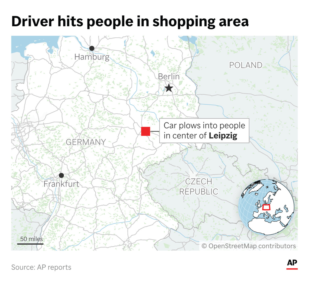 A driver plowed his vehicle into a shopping area in the center of Leipzig, Germany, on Monday, authorities say. (AP Digital Embed)