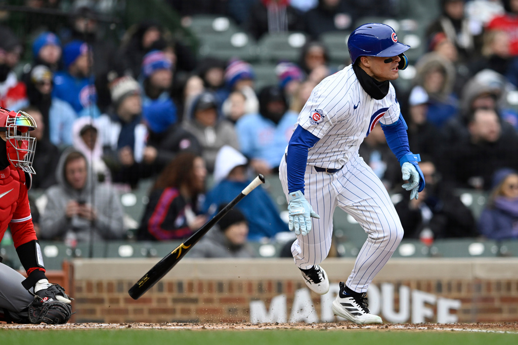 Chicago Cubs' Matt Shaw watches his RBI single during the third inning of a baseball game against the Los Angeles Angels in Chicago, Wednesday, April 1, 2026. (AP Photo/Paul Beaty)