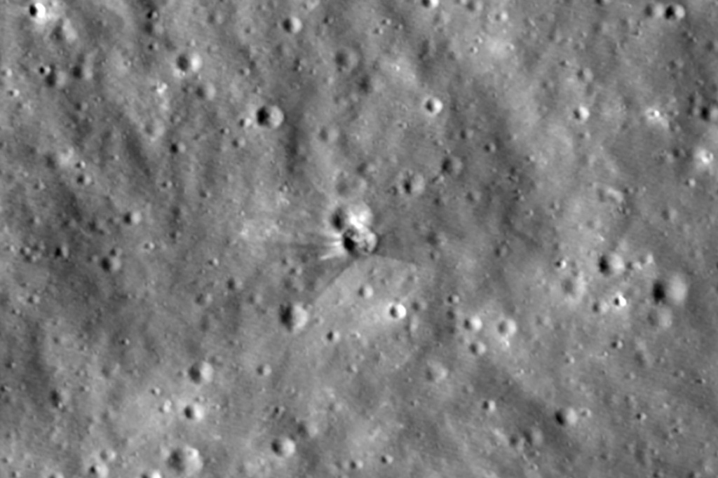 This photo provided by NASA on Tuesday, Aug. 18, 2026, taken by the Lunar Reconnaissance Orbiter, shows a fresh crater on the moon created by a collision with a SpaceX rocket. (NASA via AP)