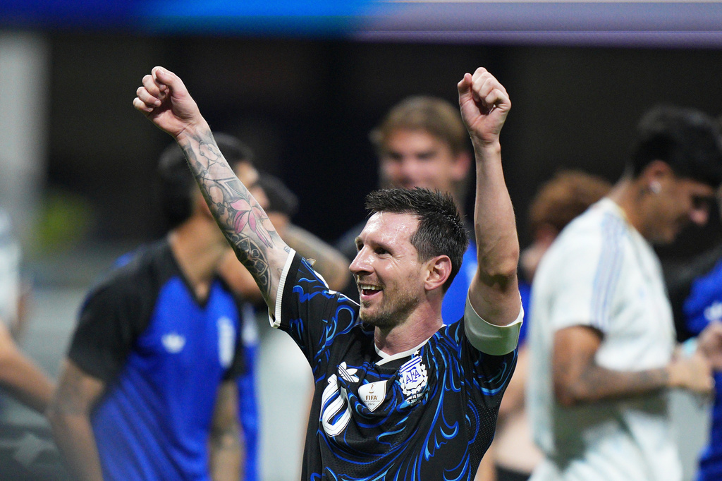 Argentina's Lionel Messi (10) reacts after their win in the World Cup semifinal soccer match between England and Argentina in Atlanta, Wednesday, July 15, 2026. (AP Photo/Jacob Kupferman)