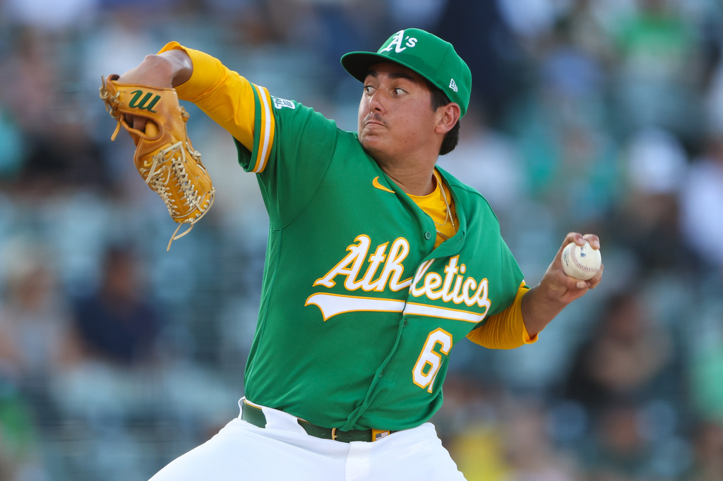 Athletics pitcher Gage Jump throws to a Boston Red Sox batter during the first inning of a baseball game, Tuesday, July 28, 2026, in West Sacramento, Calif. (AP Photo/Scott Marshall)