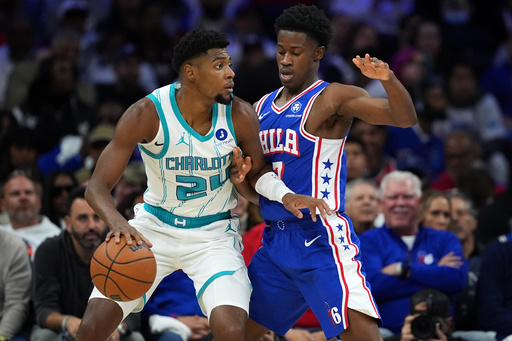 Charlotte Hornets' Brandon Miller, left, tries to get past Philadelphia 76ers' VJ Edgecombe during the first half of an NBA basketball game Saturday, Oct. 25, 2025, in Philadelphia. (AP Photo/Matt Slocum) Charlotte Hornets' Brandon Miller, left, tries to get past Philadelphia 76ers' VJ Edgecombe during the first half of an NBA basketball game Saturday, Oct. 25, 2025, in Philadelphia. (AP Photo/Matt Slocum)