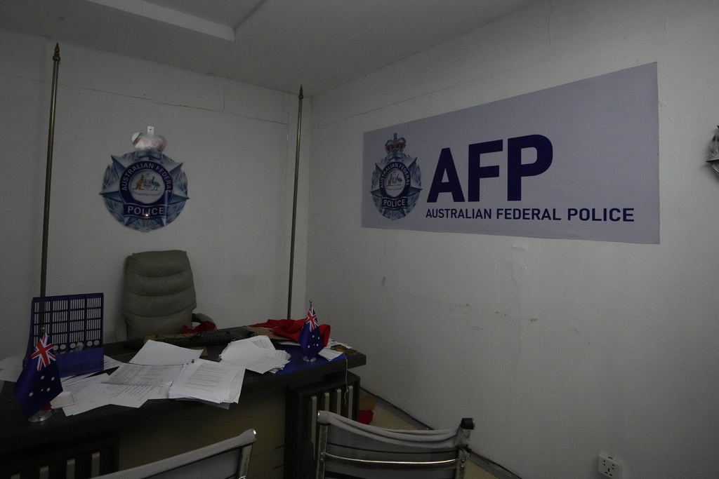 A mock-up set resembling an Australian police station is seen at a scam compound in O'Smach, Cambodia, Monday, Feb. 2, 2026. (AP Photo/Sakchai Lalit)