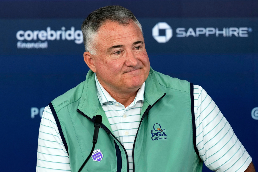 FILE - Don Rea Jr., President of the PGA of America, speaks during a news conference at the PGA Championship golf tournament at the Quail Hollow Club, Tuesday, May 13, 2025, in Charlotte, N.C. (AP Photo/Matt York)