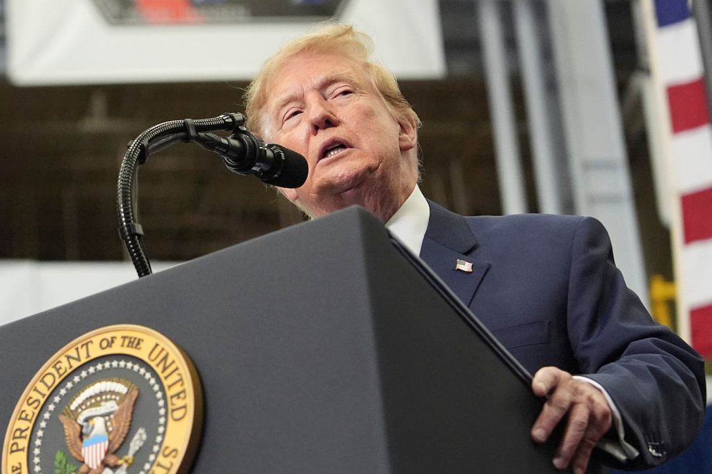 President Donald Trump speaks during an event to present the Congressional Space Medal of Honor to Artemis II crew members, Friday, Aug. 28, 2026, at Johnson Space Center in Houston. (AP Photo/Mark Schiefelbein)