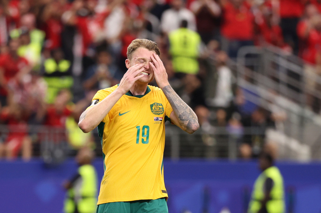 Australia's Harry Souttar reacts after missing a penalty during a shootout at the World Cup round of 32 soccer match between Australia and Egypt in Arlington, Texas, near Dallas, Friday, July 3, 2026. (AP Photo/Sam Hodde)