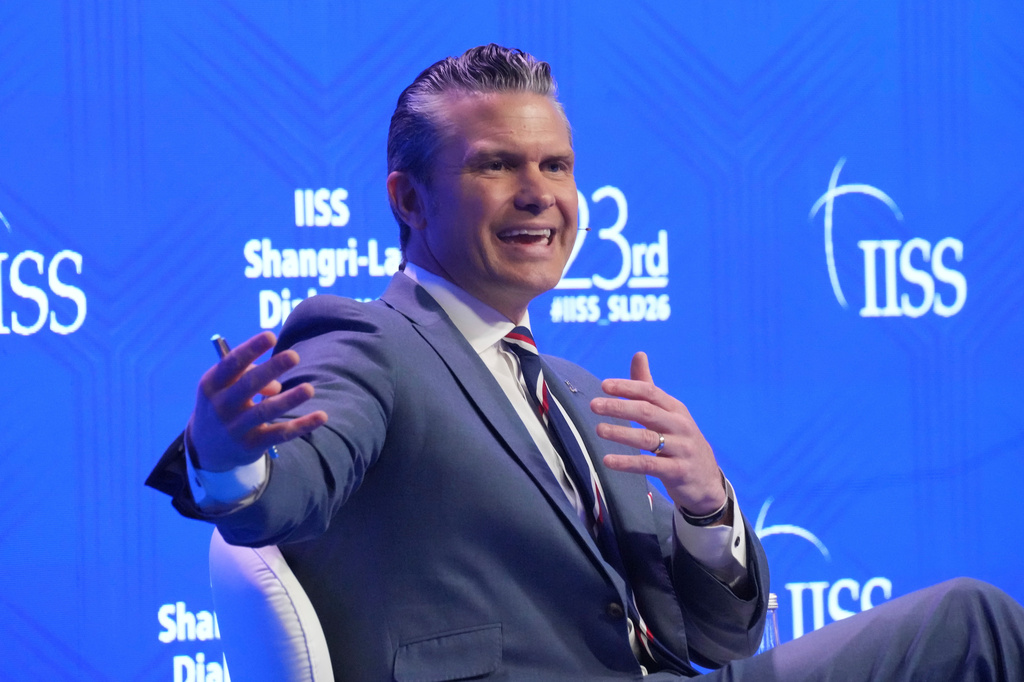 U.S. Defense Secretary Pete Hegseth gestures as he speaks during the Shangri-La Dialogue, Asia's annual defense and security forum, in Singapore, Saturday, May 30, 2026. (AP Photo/Achmad Ibrahim)
