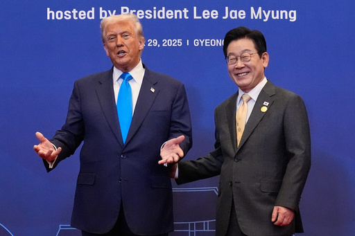 President Donald Trump poses for a photo with South Korean President Lee Jae Myung during a dinner event in Gyeongju, South Korea, Wednesday, Oct. 29, 2025. (AP Photo/Mark Schiefelbein) President Donald Trump poses for a photo with South Korean President Lee Jae Myung during a dinner event in Gyeongju, South Korea, Wednesday, Oct. 29, 2025. (AP Photo/Mark Schiefelbein)
