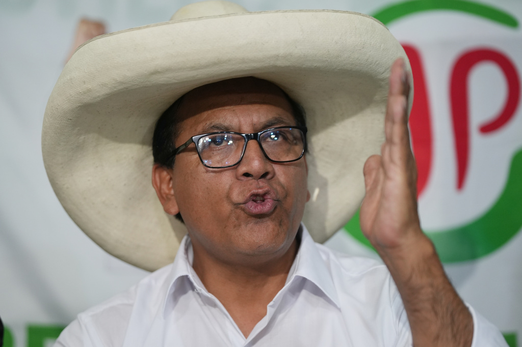 Roberto Sanchez, presidential candidate of Together for Peru party, speaks during a press conference in Lima, Peru, Tuesday, April 14, 2026. (AP Photo/Guadalupe Pardo)