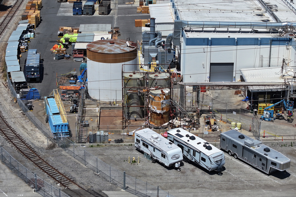 Ariel view of the chemical tank at GKN Aerospace in Garden Grove, Calif. on Wednesday, June 10, 2026. (AP Photo/William Liang)