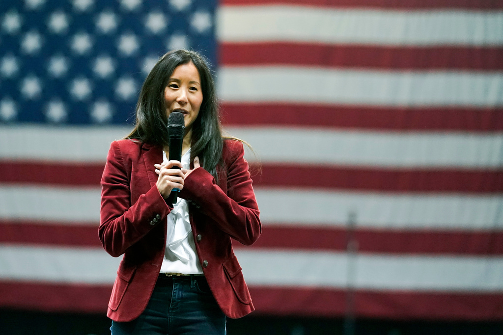 FILE - USA Gymnastics president and CEO Li Li Leung speaks during the Winter Cup gymnastics competition in Indianapolis, Saturday, Feb. 27, 2021. (AP Photo/Darron Cummings, File)