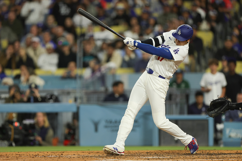 Los Angeles Dodgers designated hitter Shohei Ohtani grounds out to Miami Marlins first baseman Connor Norby during the fifth inning of a baseball game Monday, April 27, 2026, in Los Angeles. (AP Photo/Ryan Sun)
