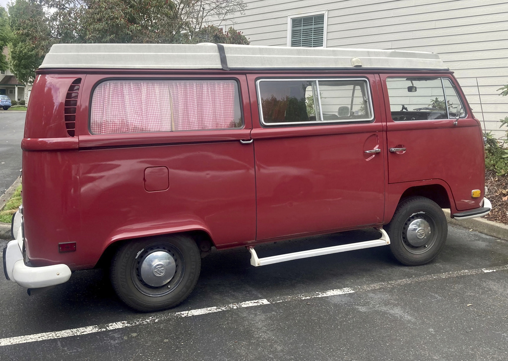 This image provided by Shelby Houlihan shows her 1971 VW minibus in Portland, Ore., in 2021, that she used to tour America during her doping ban. (Shelby Houlihan via AP)