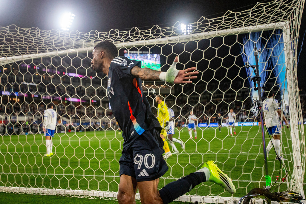 San Diego FC forward Amahl Pellegrino (90) celebrates after his goal during the first half of an MLS soccer match against CF Montreal, Saturday, Feb. 21, 2026, in San Diego. (AP Photo/Tony Ding)
