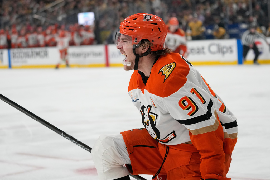 Anaheim Ducks center Leo Carlsson (91) celebrates after scoring against the Vegas Golden Knights during the third period of Game 2 of a second-round NHL hockey Stanley Cup playoff series Wednesday, May 6, 2026, in Las Vegas. (AP Photo/John Locher)