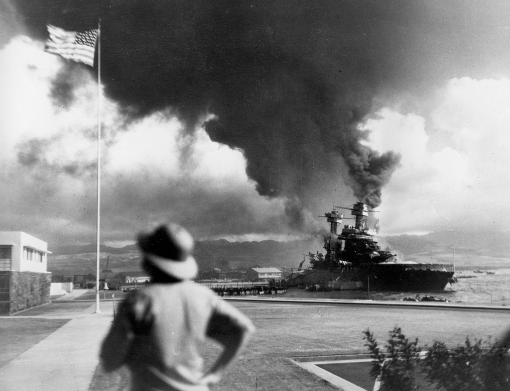 FILE - American ships burn during the Japanese attack on Pearl Harbor, Hawaii, Dec. 7, 1941. (AP Photo, File)