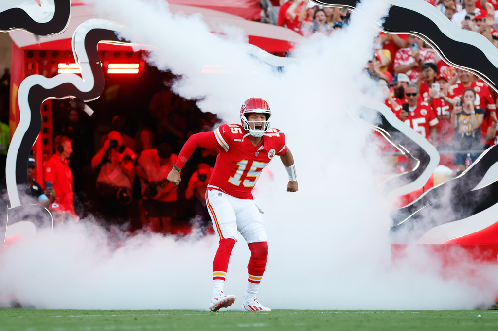 Kansas City Chiefs quarterback Patrick Mahomes takes the field prior to an NFL football game against the Denver Broncos, Monday, Sept. 14, 2026, in Kansas City, Mo. (AP Photo/Colin E. Braley)