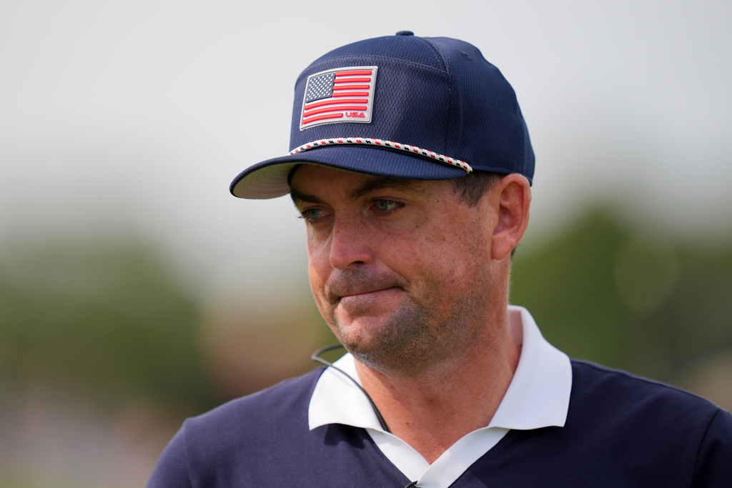 United States captain Keegan Bradley watches on the first hole at Bethpage Black golf course during the Ryder Cup golf tournament, Saturday, Sept. 27, 2025, in Farmingdale, N.Y. (AP Photo/Seth Wenig)