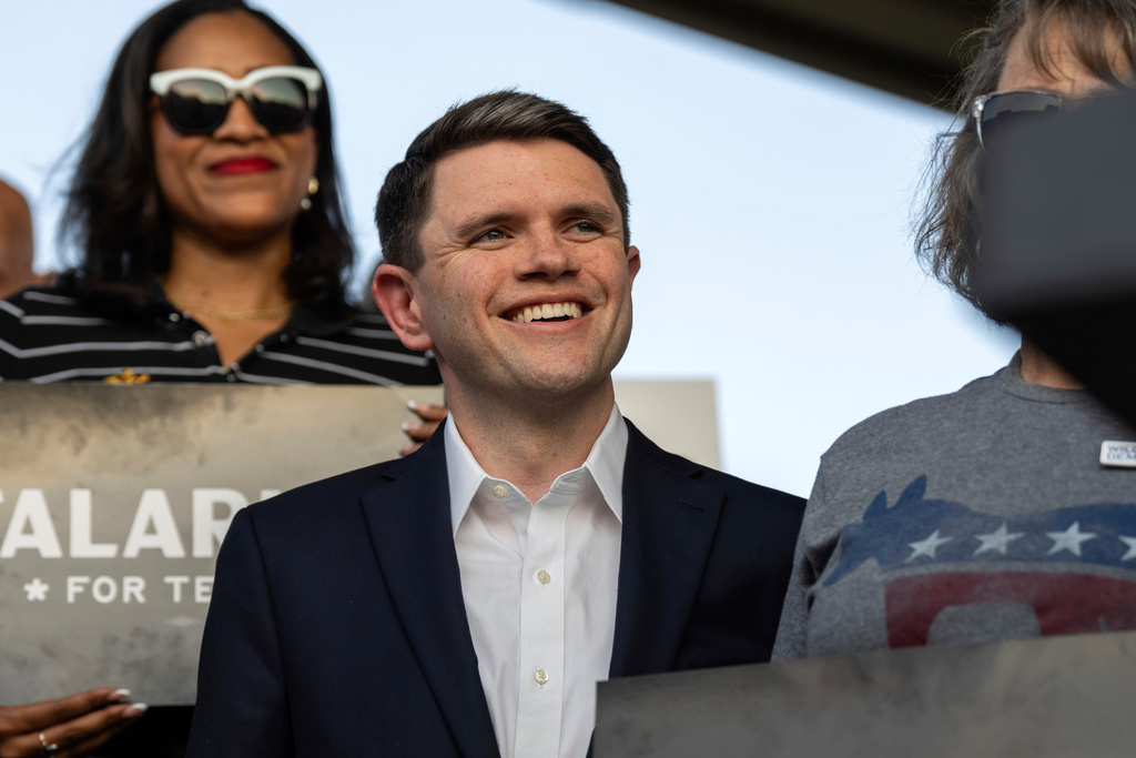 State Rep. James Talarico, D-Austin, smiles as he kicks off his campaign for U.S. Senate at Centennial Plaza in Round Rock, Texas, Tuesday, Sept. 9, 2025. (Mikala Compton/Austin American-Statesman via AP)