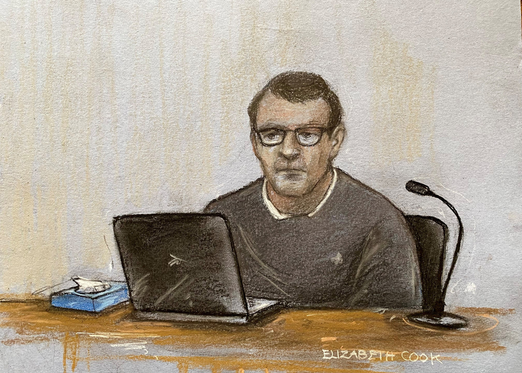 This court artist sketch shows Paul Quinn appearing in the dock at Manchester Crown Court in Manchester, England, March 26, 2026. (Elizabeth Cook/PA via AP)