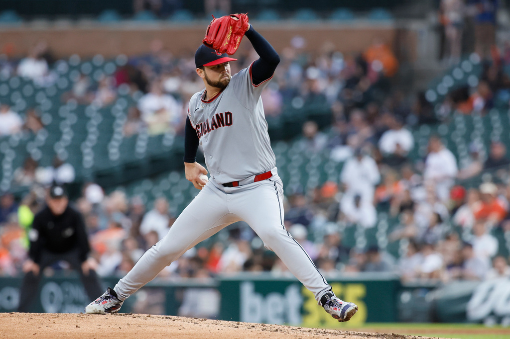 Cleveland Guardians' Slade Cecconi pitches against the Detroit Tigers during the third inning of a baseball game Monday, May 18, 2026, in Detroit. (AP Photo/Duane Burleson)