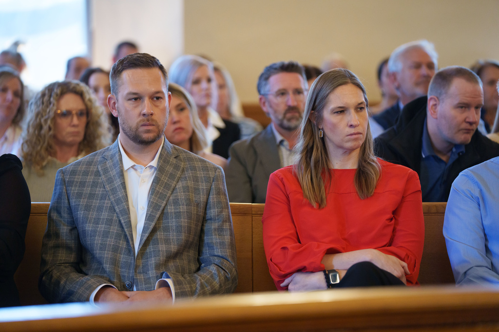 Ashley Okland's siblings, Josh Okland and Brittany Bruce, attend a hearing for Kristin Ramsey at the Dallas County courthouse in Adel, Iowa, on Friday, April 10, 2026. (Zach Boyden-Holmes/The Des Moines Register via AP, Pool)
