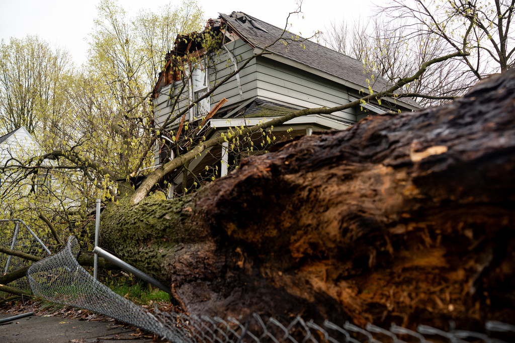 Damage from a severe storm is seen in Otesgo, Mich., on Wednesday, April 15, 2026. (Devin Anderson-Torrez /Kalamazoo Gazette via AP)